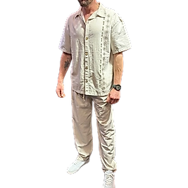 Gömlek Pantolon Nakışlı Keten Erkek Takım